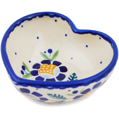 Polish Pottery Heart Shaped Bowl 4&quot; Orange And Blue Flower