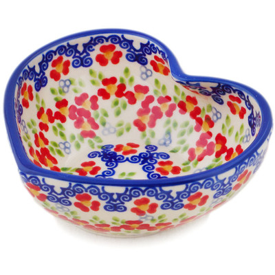 Polish Pottery Heart Shaped Bowl 4&quot; Red Chains UNIKAT