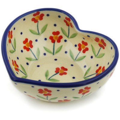 Polish Pottery Heart Shaped Bowl 4&quot; Red Primrose