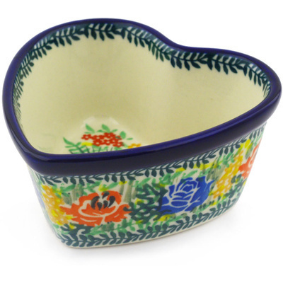 Polish Pottery Heart Shaped Bowl 4&quot; Rose Meadow UNIKAT