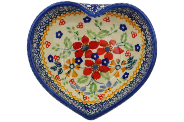 Polish Pottery Heart Shaped Bowl 6" Ruby Bouquet UNIKAT 