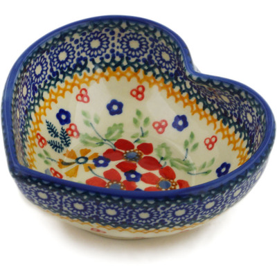 Polish Pottery Heart Shaped Bowl 4&quot; Ruby Bouquet UNIKAT