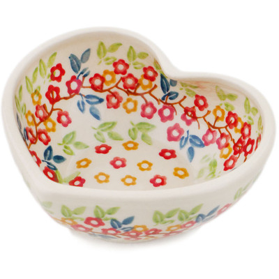 Polish Pottery Heart Shaped Bowl 4&quot; Tropical Bloomscape