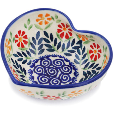 Polish Pottery Heart Shaped Bowl 4&quot; Wave Of Flowers