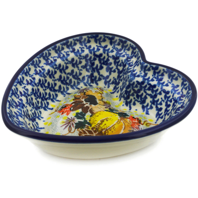 Polish Pottery Heart Shaped Bowl 6&quot; Autumn Falling Leaves UNIKAT