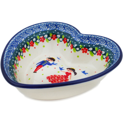 Polish Pottery Heart Shaped Bowl 6&quot; Bird Prince And Princess UNIKAT