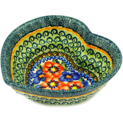 Polish Pottery Heart Shaped Bowl 6&quot; Blue And Red Poppies UNIKAT