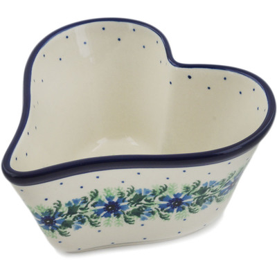 Polish Pottery Heart Shaped Bowl 6&quot; Blue Bell Wreath