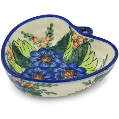 Polish Pottery Heart Shaped Bowl 6&quot; Blue Bouquet UNIKAT