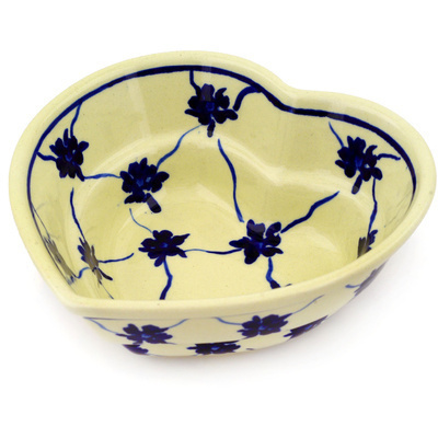 Polish Pottery Heart Shaped Bowl 6&quot; Blue Country Trellis