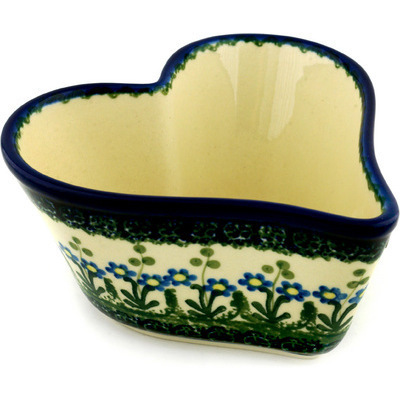 Polish Pottery Heart Shaped Bowl 6&quot; Blue Daisy Circle