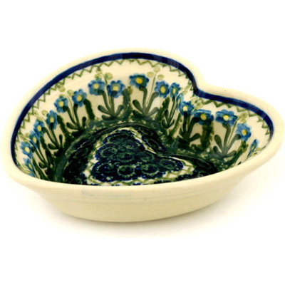 Polish Pottery Heart Shaped Bowl 6&quot; Blue Daisy Circle