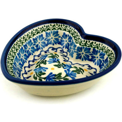 Polish Pottery Heart Shaped Bowl 6&quot; Blue Fan Flowers