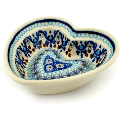 Polish Pottery Heart Shaped Bowl 6&quot; Blue Ice