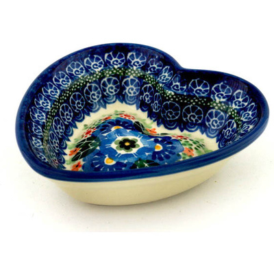 Polish Pottery Heart Shaped Bowl 6&quot; Blue Morning Glory UNIKAT