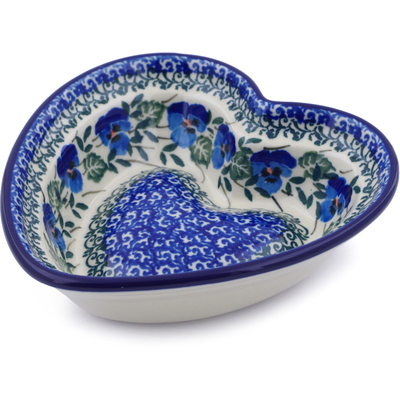 Polish Pottery Heart Shaped Bowl 6&quot; Blue Pansy