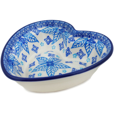 Polish Pottery Heart Shaped Bowl 6&quot; Blue Poinsettia UNIKAT