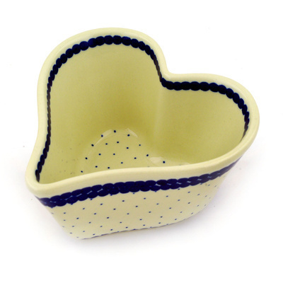 Polish Pottery Heart Shaped Bowl 6&quot; Blue Polka Dot