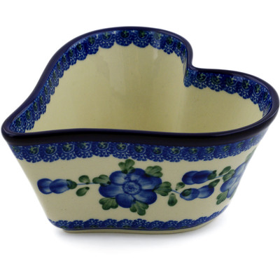Polish Pottery Heart Shaped Bowl 6&quot; Blue Poppies