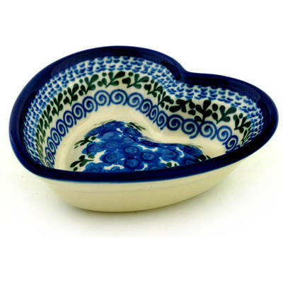 Polish Pottery Heart Shaped Bowl 6&quot; Blue Poppy Wreath