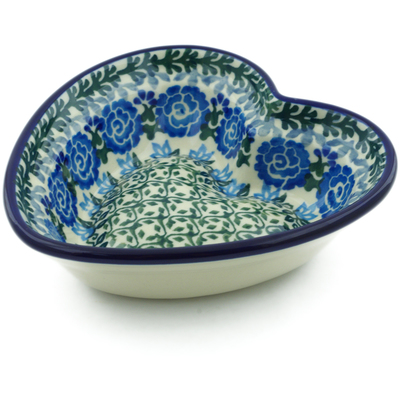 Polish Pottery Heart Shaped Bowl 6&quot; Blue Rose Trellis UNIKAT