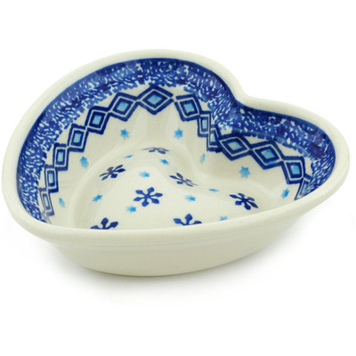 Polish Pottery Heart Shaped Bowl 6&quot; Blue Snowflake
