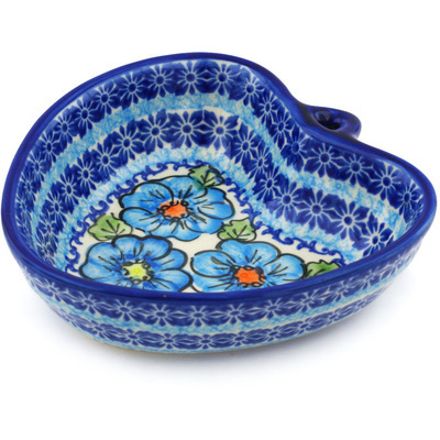 Polish Pottery Heart Shaped Bowl 6&quot; Bold Blue Poppies UNIKAT
