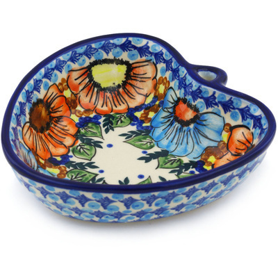 Polish Pottery Heart Shaped Bowl 6&quot; Bold Poppies UNIKAT