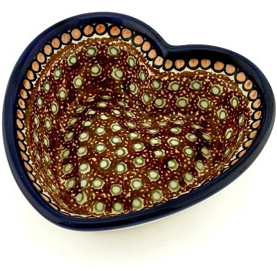 Polish Pottery Heart Shaped Bowl 6&quot; Brown Polka Dot