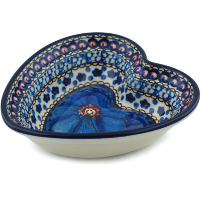 Polish Pottery Heart Shaped Bowl 6&quot; Cobalt Poppies UNIKAT