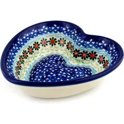 Polish Pottery Heart Shaped Bowl 6&quot; Daisies By The Sea