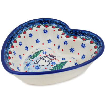 Polish Pottery Heart Shaped Bowl 6&quot; Dancing Snowman UNIKAT