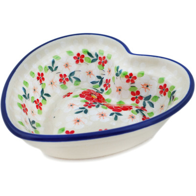 Polish Pottery Heart Shaped Bowl 6&quot; Festive Mistletoe UNIKAT