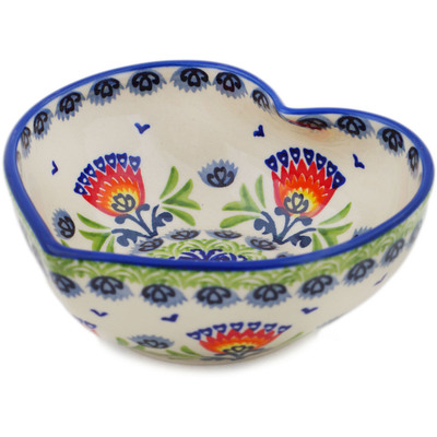 Polish Pottery Heart Shaped Bowl 6&quot; Flower Flames UNIKAT
