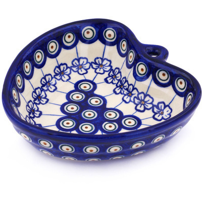 Polish Pottery Heart Shaped Bowl 6&quot; Flowering Peacock