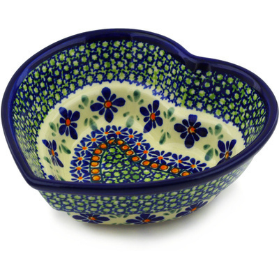 Polish Pottery Heart Shaped Bowl 6&quot; Gingham Flowers
