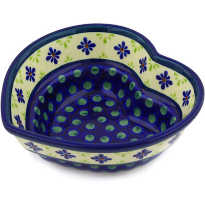 Polish Pottery Heart Shaped Bowl 6&quot; Green Gingham Peacock