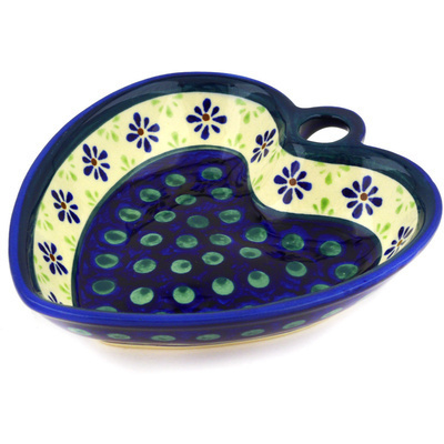 Polish Pottery Heart Shaped Bowl 6&quot; Green Gingham Peacock