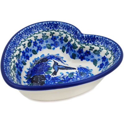 Polish Pottery Heart Shaped Bowl 6&quot; Hummingbird Blue UNIKAT