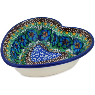 Polish Pottery Heart Shaped Bowl 6&quot; Mardi Gras UNIKAT