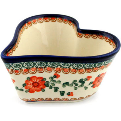 Polish Pottery Heart Shaped Bowl 6&quot; Orange Poppies