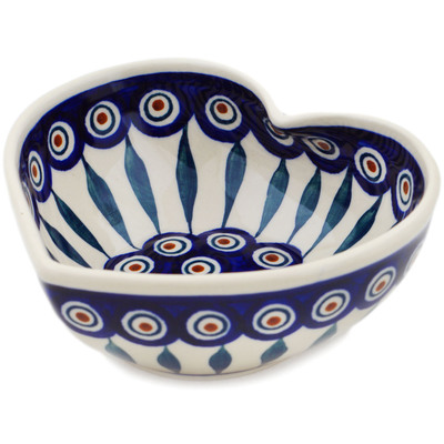 Polish Pottery Heart Shaped Bowl 6&quot; Peacock
