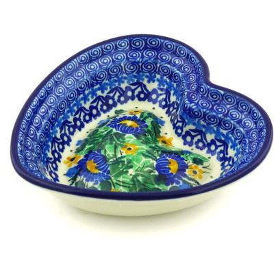 Polish Pottery Heart Shaped Bowl 6&quot; Peeking Flowers UNIKAT