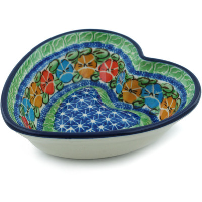 Polish Pottery Heart Shaped Bowl 6&quot; Primary Pansies UNIKAT