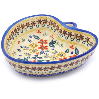 Polish Pottery Heart Shaped Bowl 6&quot; Red Anemone Meadow UNIKAT