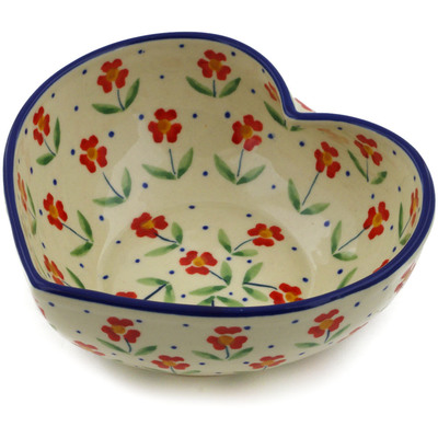 Polish Pottery Heart Shaped Bowl 6&quot; Red Primrose