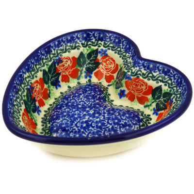 Polish Pottery Heart Shaped Bowl 6&quot; Rose Wreath