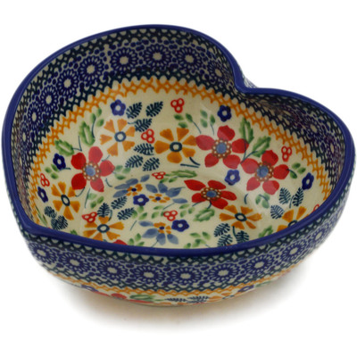 Polish Pottery Heart Shaped Bowl 6&quot; Ruby Bouquet UNIKAT