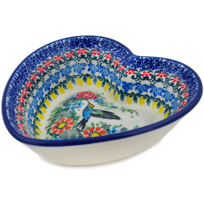 Polish Pottery Heart Shaped Bowl 6&quot; Solo Hummingbird UNIKAT