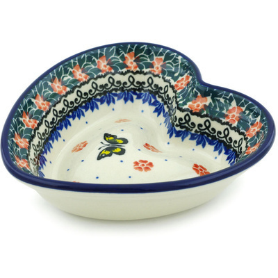 Polish Pottery Heart Shaped Bowl 6&quot; Spring Butterfly